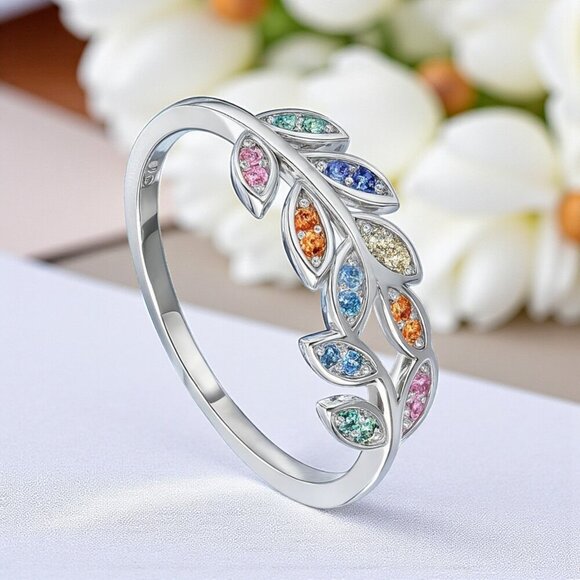 🆕 Minimalist Leaf Ring S925 Sterling Silver Colorful CZ Dainty Olive Branch - Picture 1 of 10